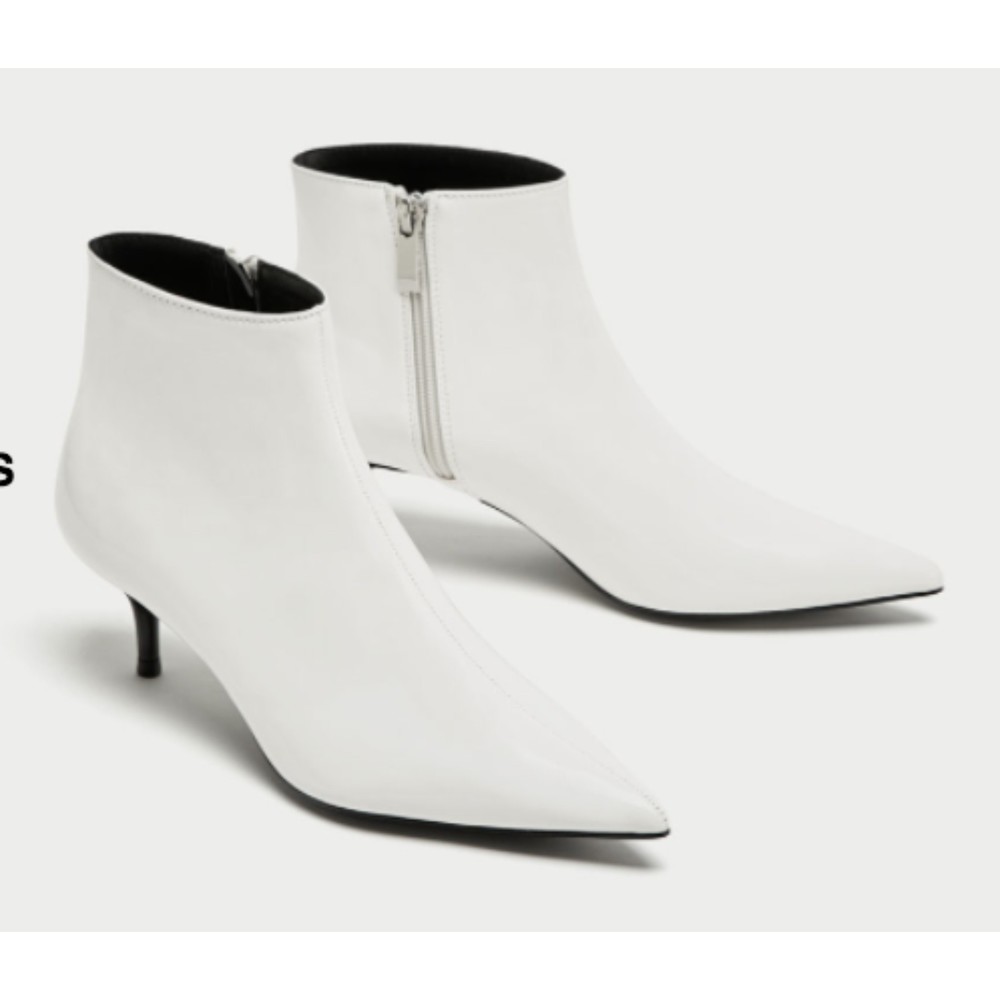 ZARA white faux patent leather kitten heel bootie